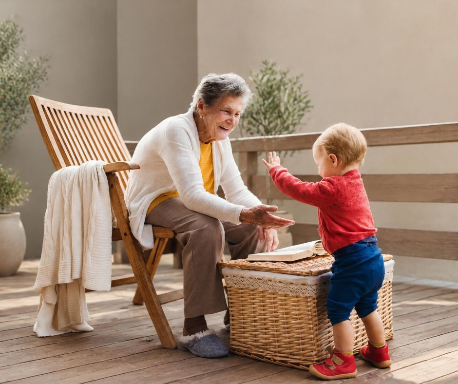 An elderly woman in a white cardigan sits in a wooden patio chair, reaching toward a toddler in a red sweater