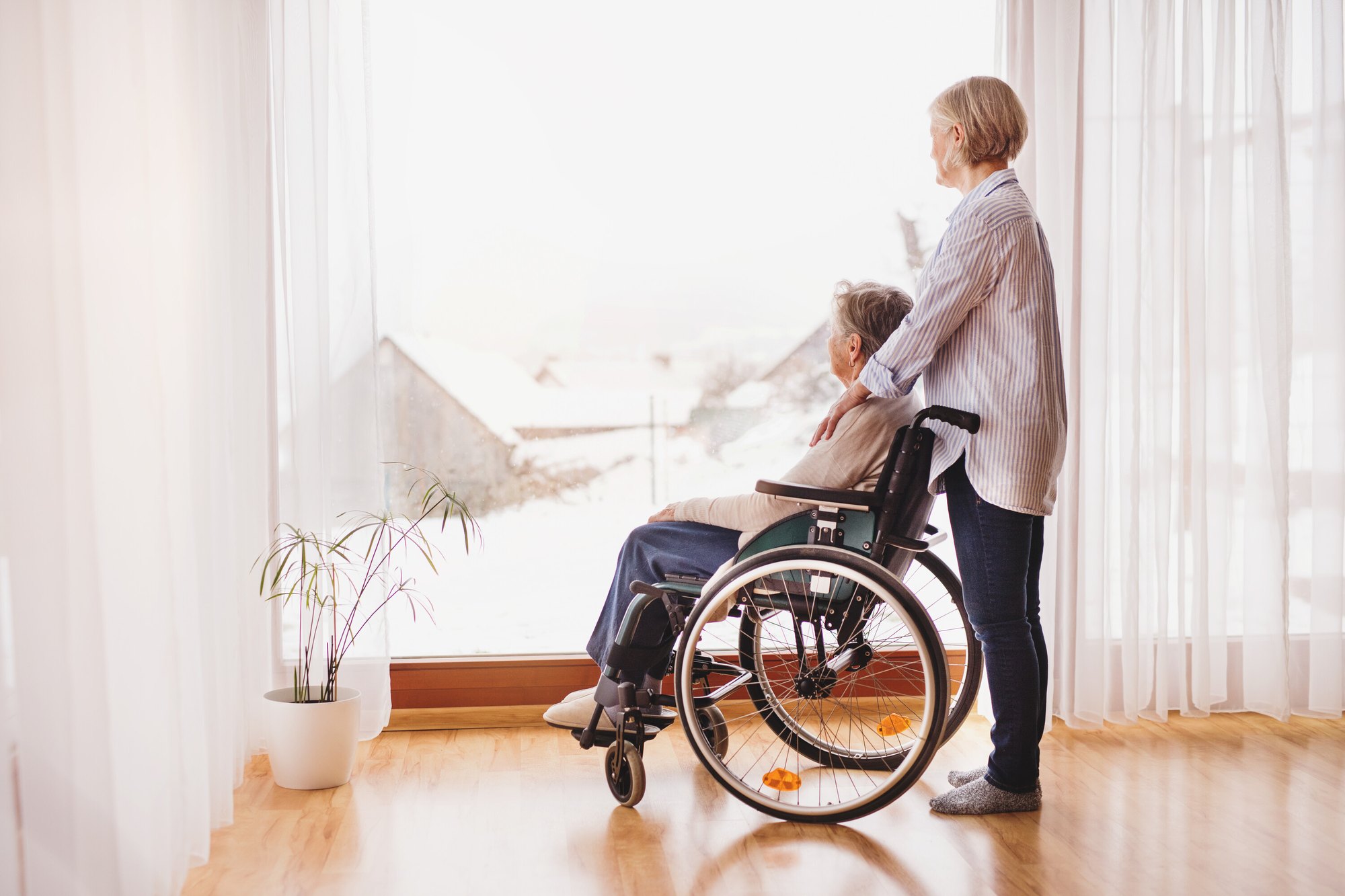 A woman stands behind an older woman in a wheelchair as they look out a window at a winter scene